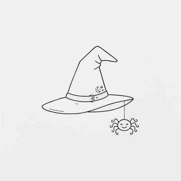 Halloween witch hat with smiling spider, black line art illustration Silhouet Stock Illustration