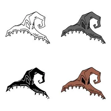 Halloween witch hat with teeth sketch style in four options. Lines filled, co Stock Illustration