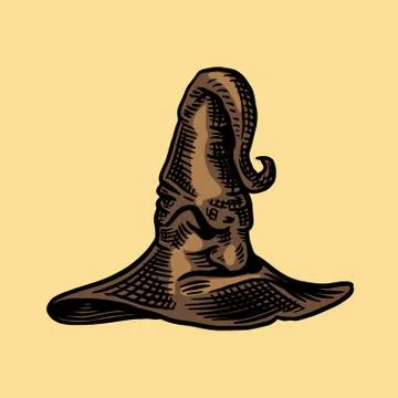 Halloween witch magic hat. Mythical clothes. Hand drawn engraved vintage sketch. Stock Illustration