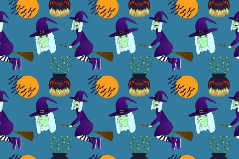 Halloween Witch Pattern with Bats and Cauldron Stock Illustration