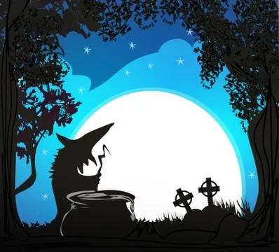 Halloween witch preparing potion during the full moon Stock Illustration