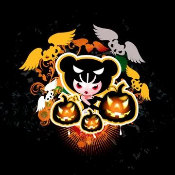 Halloween witch with pumpkins and bats Stock Illustration