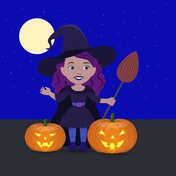 Halloween witch with pumpkins at night. Illustrazione stock