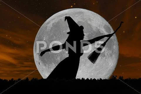 Halloween witch silhouette flying with broomstick. Full Moon. Stock Photos