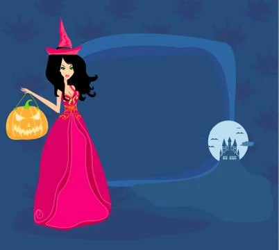 Halloween witch standing with pumpkin Stock Illustration