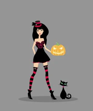 Halloween witch standing with pumpkin Stock Illustration