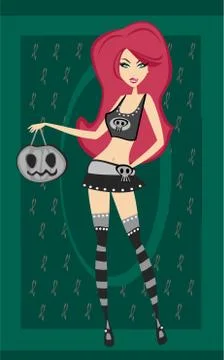 Halloween witch standing with pumpkins Stock Illustration