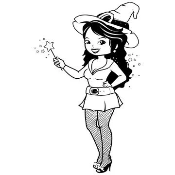 Halloween witch. Vector black and white coloring page Stock Illustration