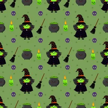 Halloween witch vector pattern. Cartoon style. Kawaii character. Stock Illustration