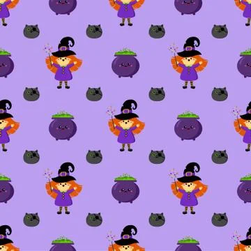 Halloween witch vector pattern. With pot and cat. Cartoon style. Stock Illustration