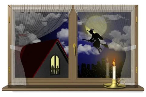 Halloween witch with Window Candle - 3D illustration. 스톡 일러스트
