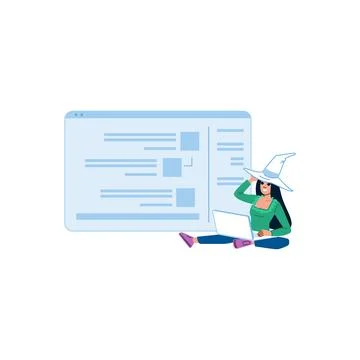 Halloween witch working remotely using laptop and big website layout Stock Illustration