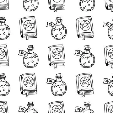 Halloween witchcraft seamless pattern. Vector illustration of doodle spell book Stock Illustration