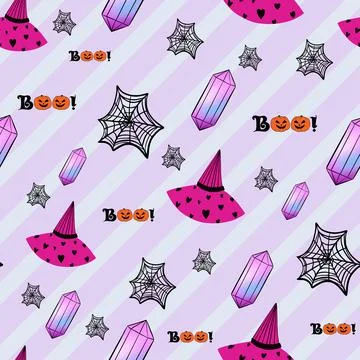 Halloween witchy repeat pattern on purple stripes background Illustrazione stock