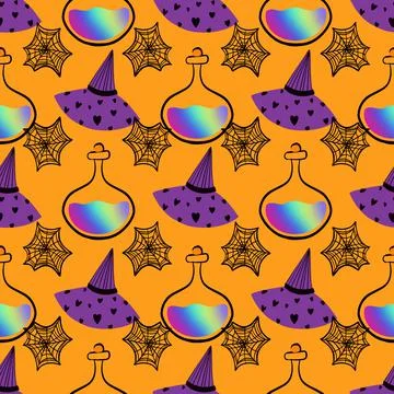 Halloween witchy seamless pattern illustration on orange background Stock Illustration