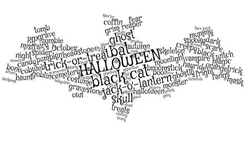 Halloween word cloud forms the shape of a black bat with wings spread Stock Illustration