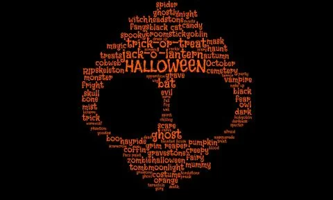 Halloween word cloud in orange text on black background forms a ghoul, spook Stock Illustration