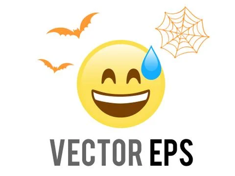 Halloween yellow shocked face flat icon with flying bat and spider net Stock Illustration