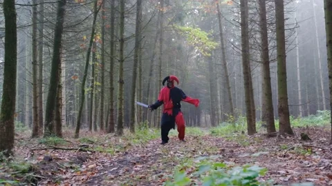 Halloween.dance of the evil jester.scary harlequin dancing in the misty forest. Video stock 154525127