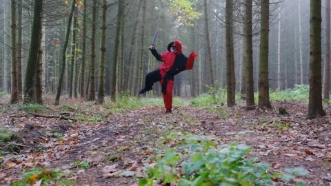 Halloween.Dances of  evil jester with a knife in the autumn misty forest Video stock 154524657