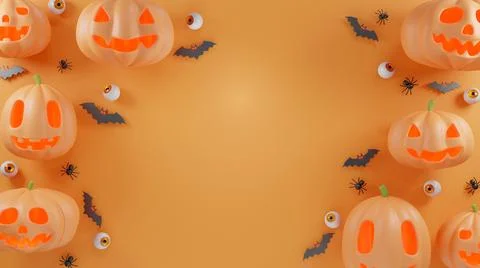 Halloween's day concept. Frame cute pumpkin ghost with light, spider, bat and イラスト素材