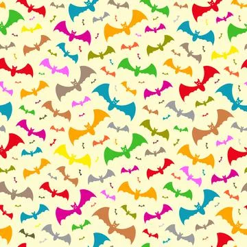 Hallowen pattern of colorful flying bats. Vector seamless background. Stock Illustration