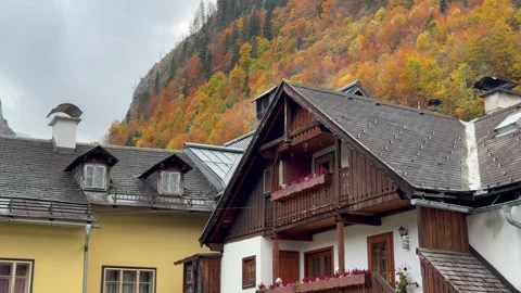 Hallstatt Rooftops with Traditional Alpine Architecture and Autumn Foliage Stock Footage 321482143