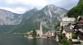 Hallstatt village center with lake and mountains panning HD Footage
