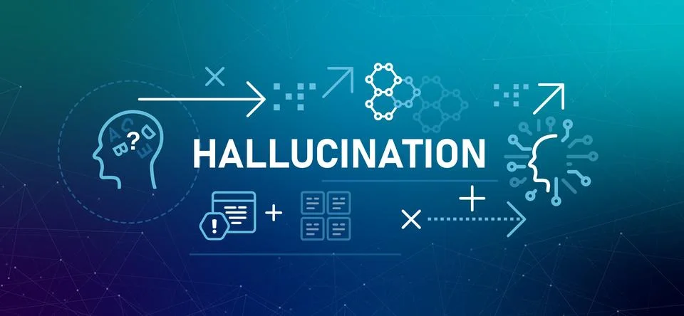 Hallucination in artificial intelligence icons representing an AI head with Stock Illustration