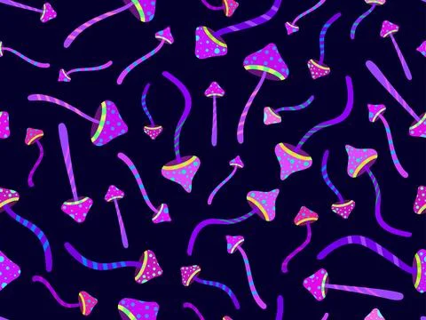 Hallucinogenic mushrooms seamless pattern. Psychedelic mushrooms, acid trip.  Stock Illustration
