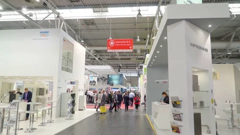 The hallway of the bazaar event inside a big warehouse on Germany Hanno.. Stock Footage 75583284