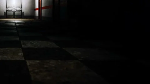 Hallway with checkered floor and closed door near empty space Stock Footage 345004064