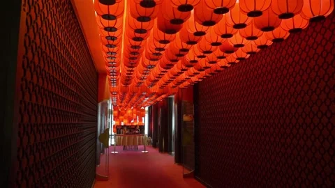 Hallway With Rows of Red Chinese Lighting Decoration - Forwards Stock Footage 130746839