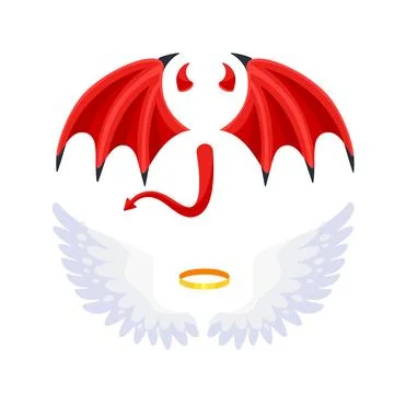 Halo and black devil wings with red daemon horns. Angel and devil. Good and bad Stock Illustration