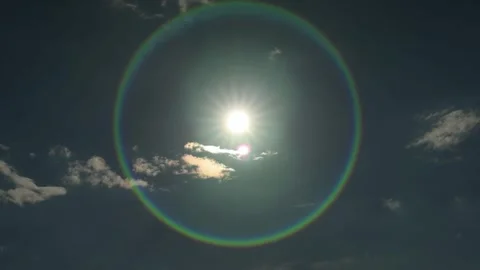 Halo effect on blue sky with clouds. Beautiful sun with rays Stock Footage 249055011