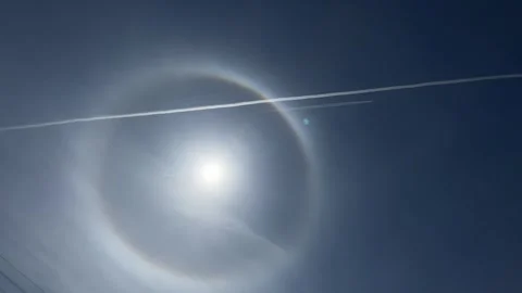 Halo sun effect optical phenomenon in Poland with airplanes May 14th 2023 Stock Footage 241222954