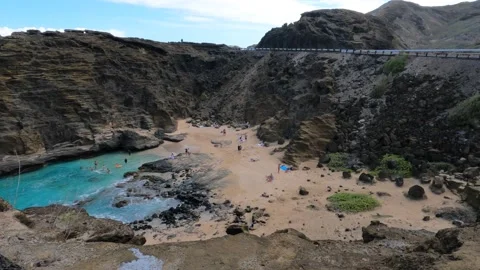Halona Beach Cove Top view packed with tourists Stock Footage 204055650