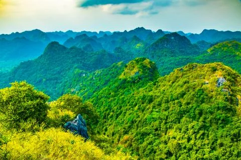 Halong bay mountain viewpoint from Cat Ba Island, Ngu Lam Peak, Vietnam Stock Photos