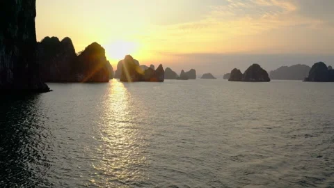 Halong Bay Sunset Karst Islands Wide Shot Stock Footage 343255964