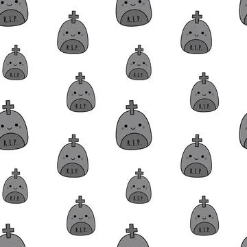 Haloween seamless pattern with tombs. Squishmallow. Cute tomb. Kawaii, Vector Illustrazione stock