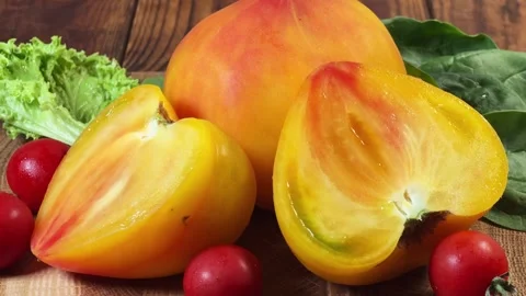 Halved and whole heart shaped orange pink tomato, cherry tomatoes Stock Footage 346473200
