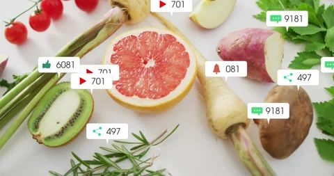 Halved grapefruit staying static while UI badges appearing, growing, clustering Stock Footage 323273359