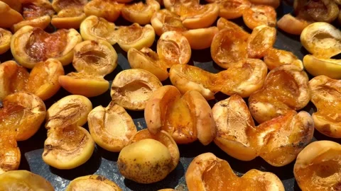 Halved ripe apricots drying in the sun to make sweet dried fruit or dried Stock Footage 340521313