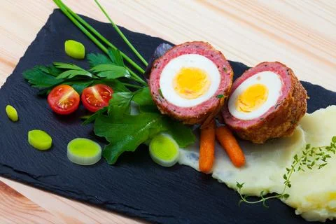 Halved Scotch egg with mashed potatoes, vegetables, greens Stock Photos