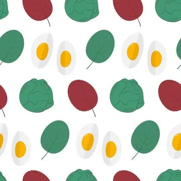 Halves Hard boiled Eggs Brussels Sprouts and Salad Leaves Seamless Pattern Stock Illustration