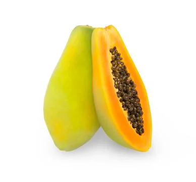 Halves of papaya fruit vertically standing isolated. Stock Photos