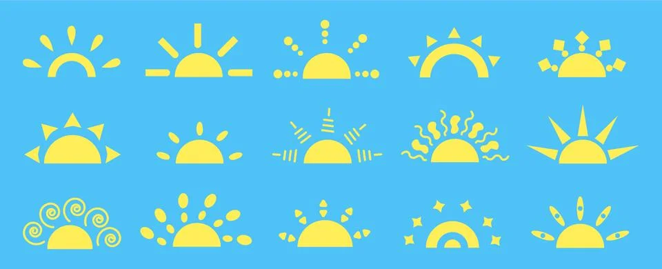 Halves of yellow suns vector flat style set Stock Illustration