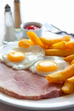 Ham and eggs with chips Stock Photos