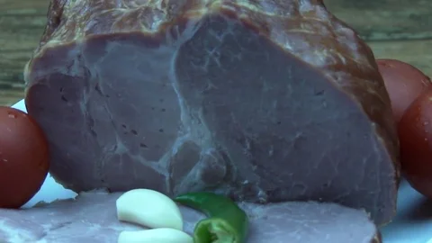 Ham and tomatoes on the plate 스톡 동영상 79314746