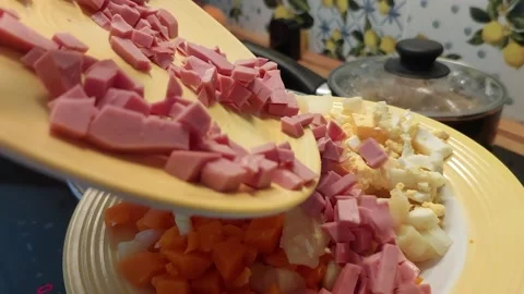 Ham, Cheese Veggie Layers: A Vibrant Salad Prep in Close-Up 스톡 동영상 314100296